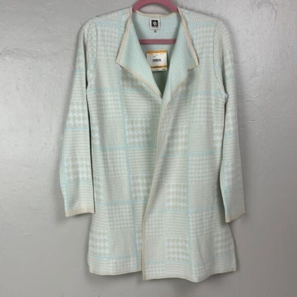 Anne Klein sz Small Ivory Blue Houndstooth Plaid Open Cardigan NWT coastal - Picture 2 of 11